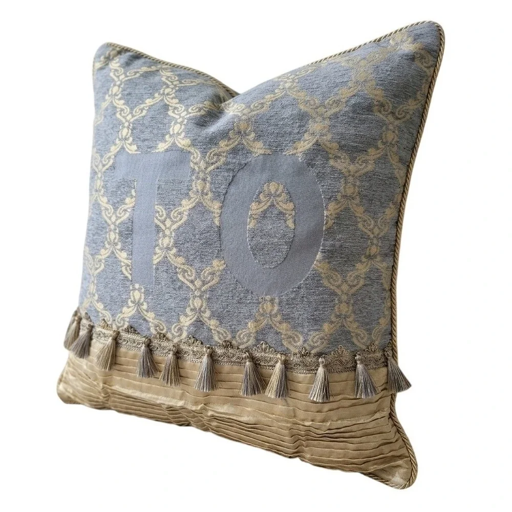 Croscill Slate Blue Gold Damask Luxury Euro Pillow Sham Tassel  Pleated 26x26